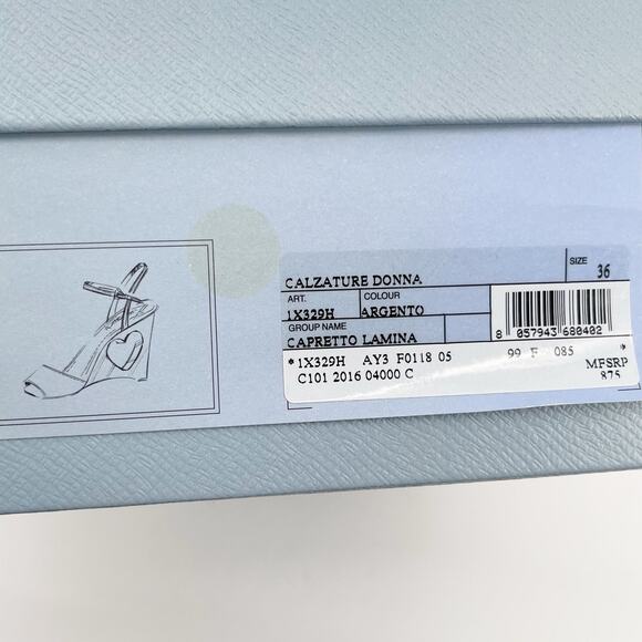 Prada Metallic Silver Leather Heart Cutout Wedge Ankle Strap Sandal size IT 36 - Picture 15 of 16